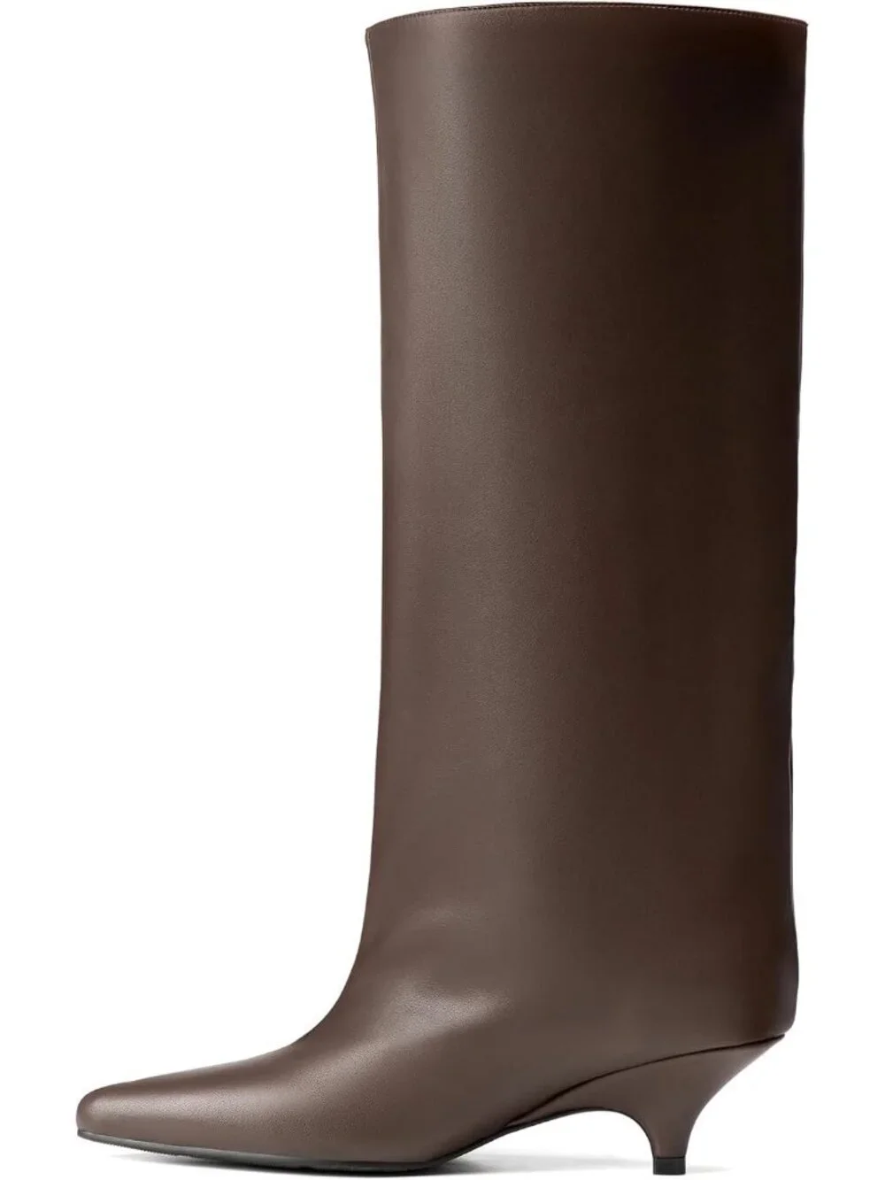 Women Brown Faux Leather Pointed-Toe Folded Wide Calf Low Kitten Knee-High Boot